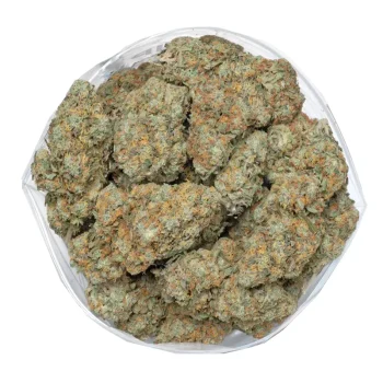 strawberry-romulan marijuana buds top view displaying beautiful pistils and shiny trichomes